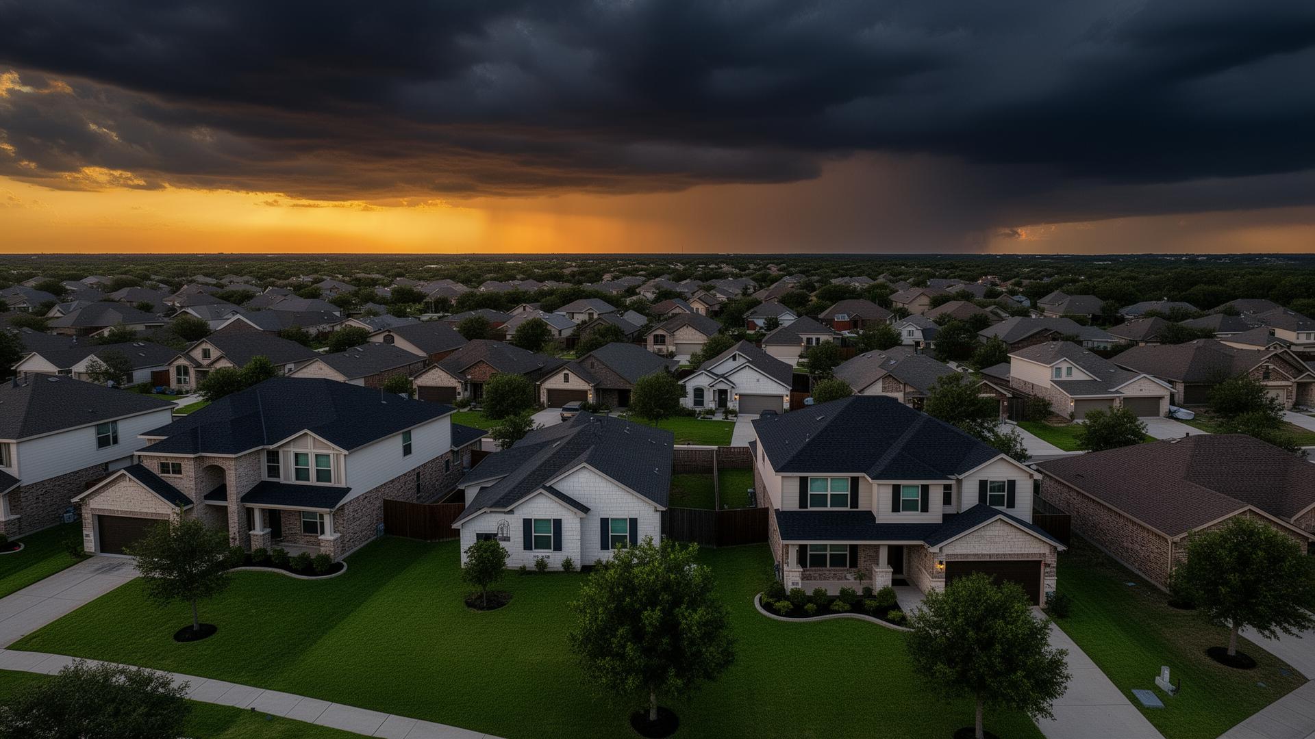 Suburban Dallas-Fort Worth neighborhood under a Texas storm sky