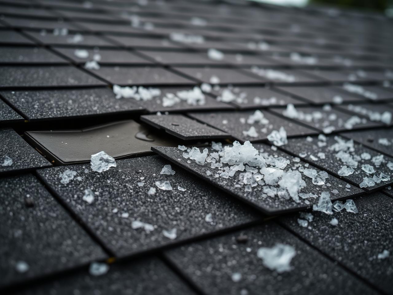 Close-up of hail damage on asphalt shingle roof